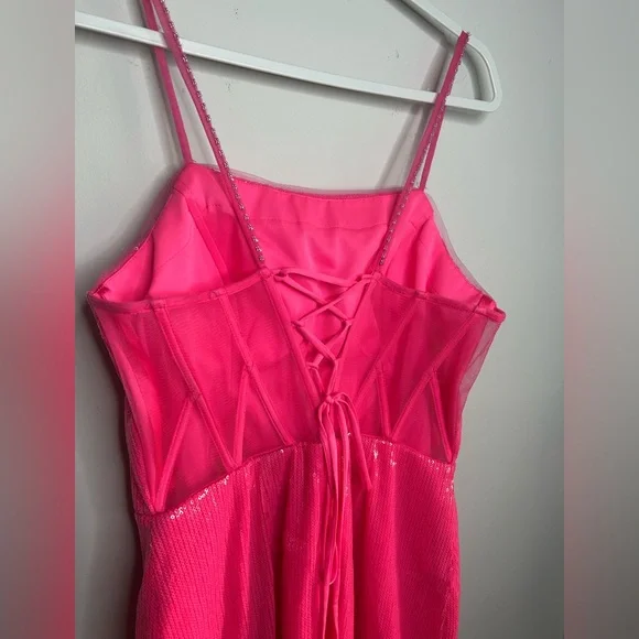 Sequin Formal Cocktail Mini Dress Colors Hot Pink Short Sheer Corset Style sz 12 Sequin Formal Cocktail Mini Dress Colors Hot Pink Short Sheer Corset Style sz 12